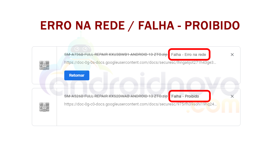 Google Drive download - Falha - Erro na rede e Falha - Proibido